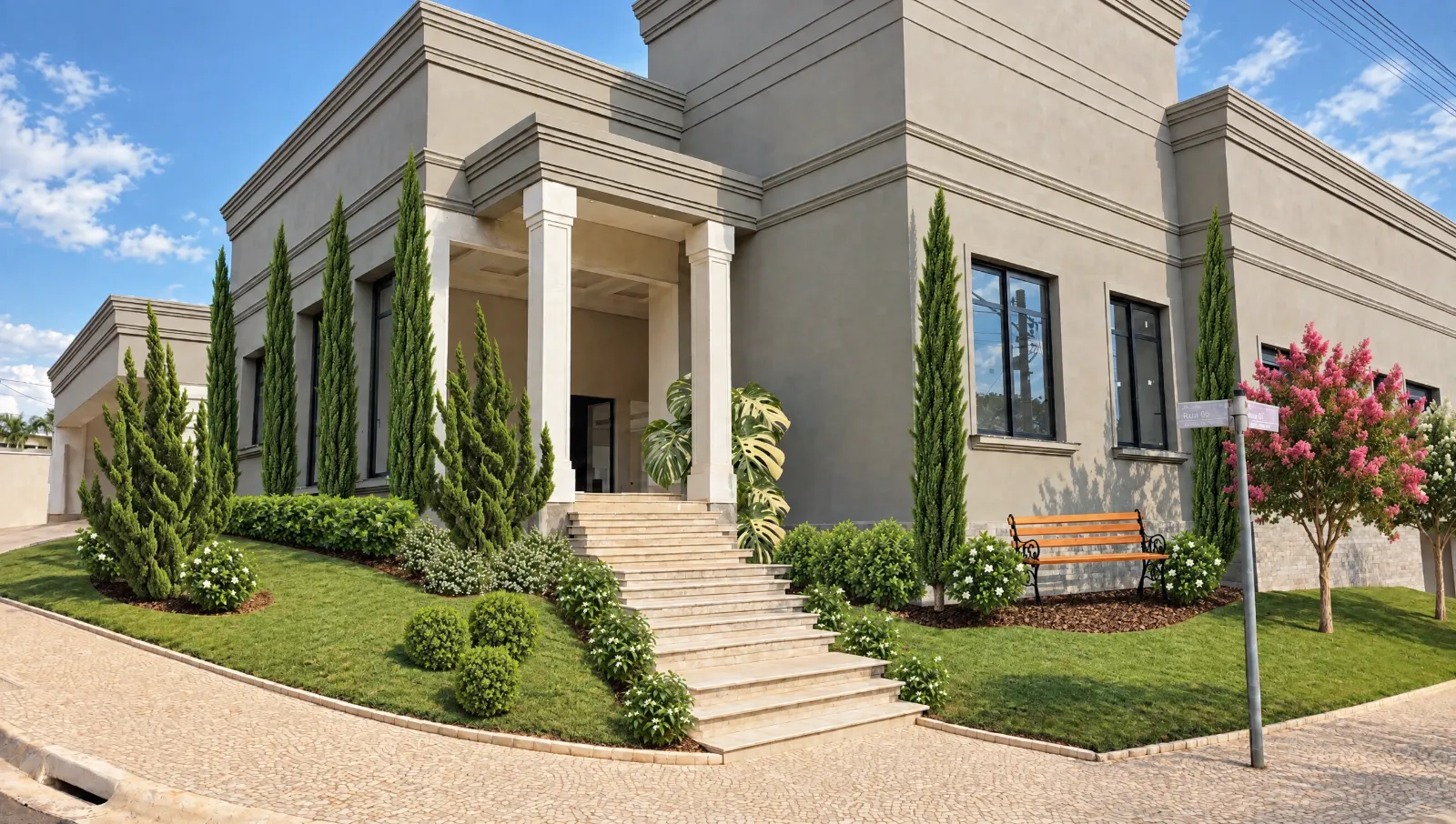 Versão de dia gerada pelo Aplicar Realismo: o jardim da fachada com aparência de foto