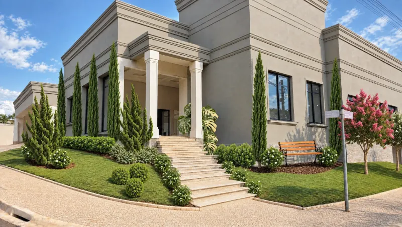 Versão de dia gerada pelo Aplicar Realismo: o jardim da fachada com aparência de foto