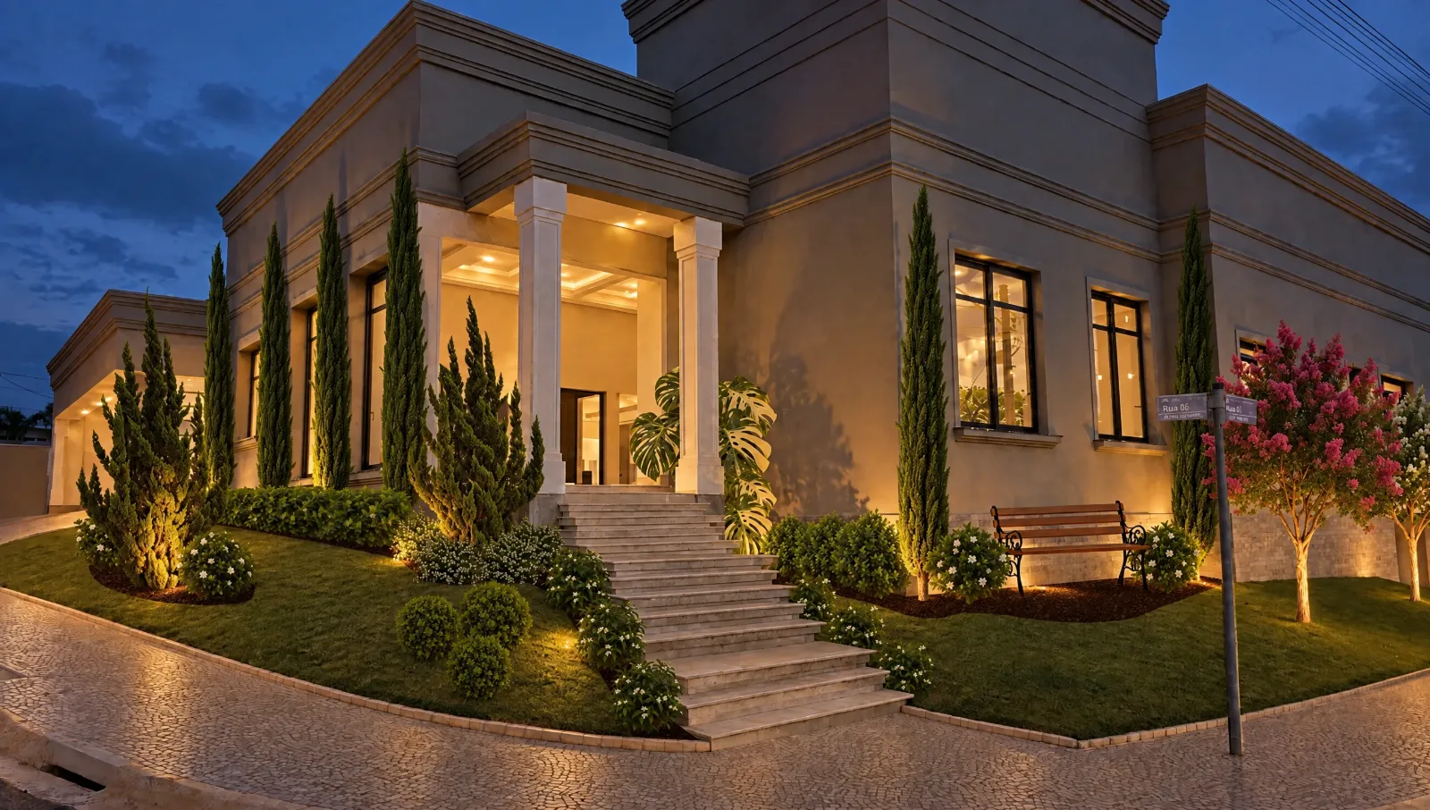Versão de noite gerada pelo Aplicar Realismo: a fachada e o jardim iluminados