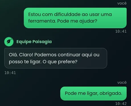 Uma conversa com a equipe do Paisagia pelo chat de suporte
