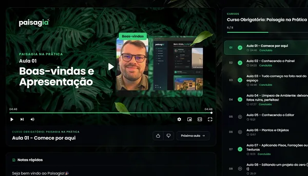 Uma aula do curso do Paisagia, com a lista de aulas ao lado
