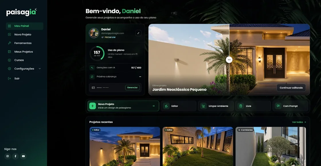 O painel do Paisagia, com o último projeto, o uso do plano e os projetos recentes