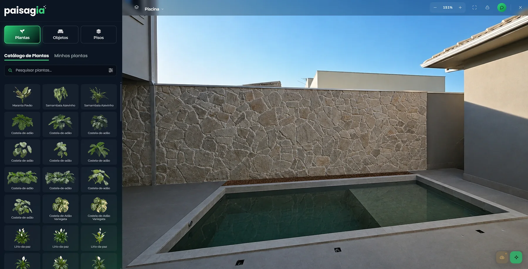 Antes: a área da piscina aberta no editor, com o muro de pedra ainda sem plantas